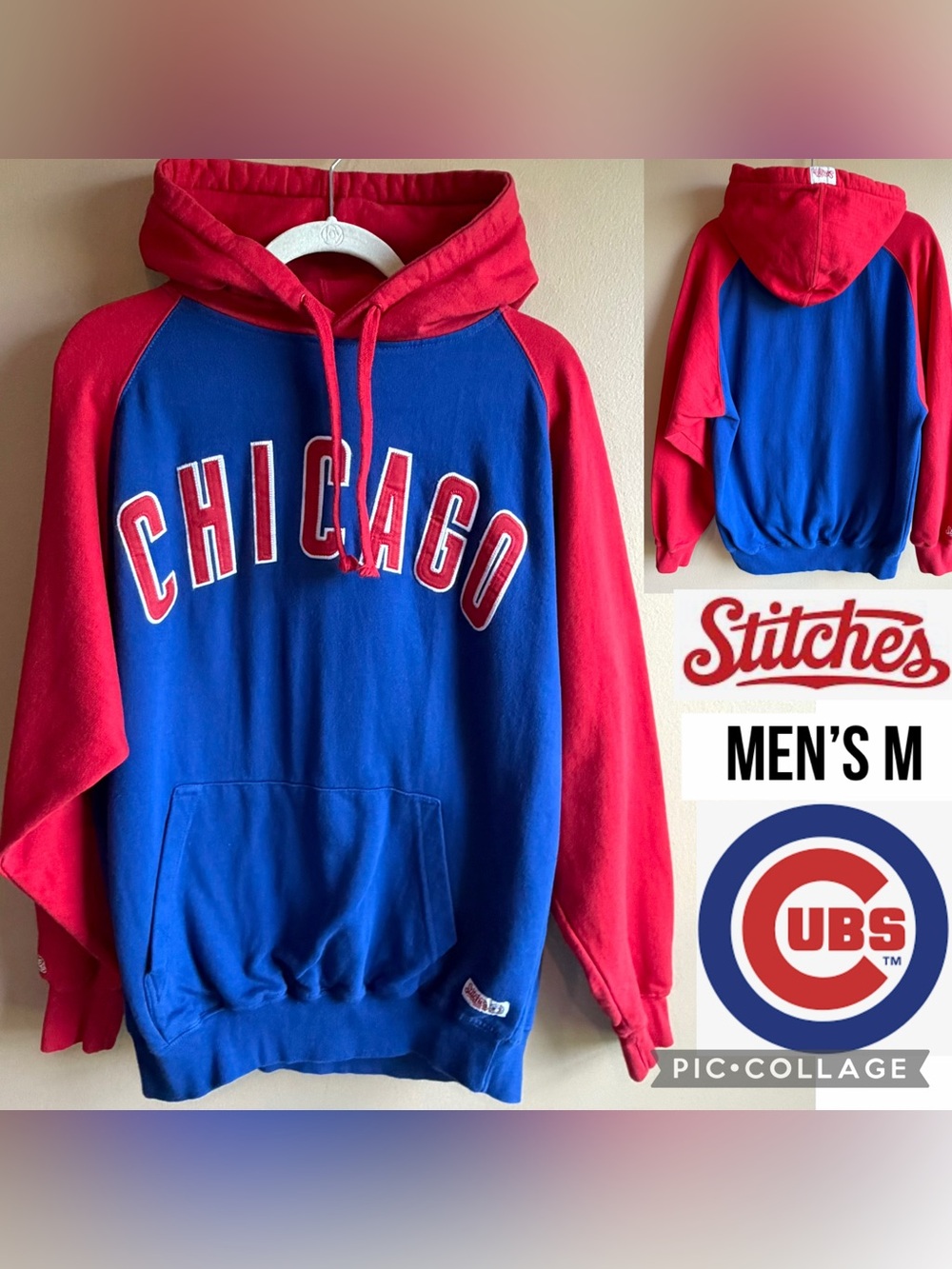 Chicago Cubs Mens Hoodie Blue Red MLB Baseball Stitches Pullover Raglan Fleece M